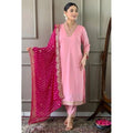 Vaystra Roman Silk Embroidery 3-4th Sleeve V-Neck Kurti With Pant Dupatta Set – Pink