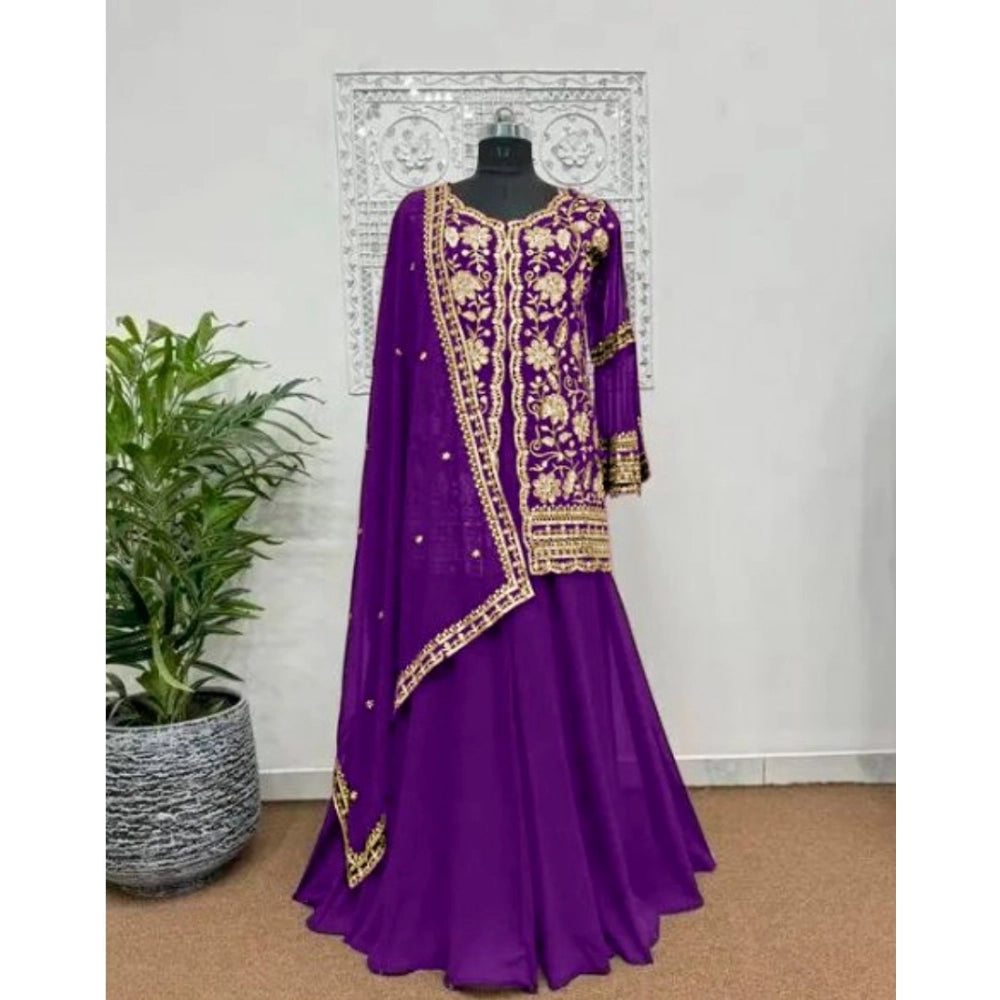 Vaystra Georgette Embroidery 3-4th Sleeve V-Neck Kurti, Palazzo And Dupatta Set – Purple