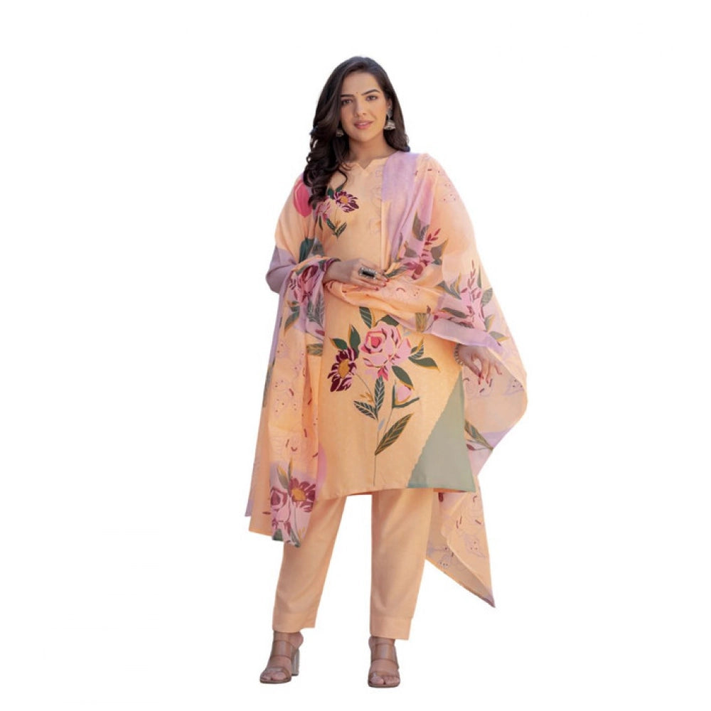 Vaystra Cotton Blend Printed Kurti With Pant Dupatta Set – Orange
