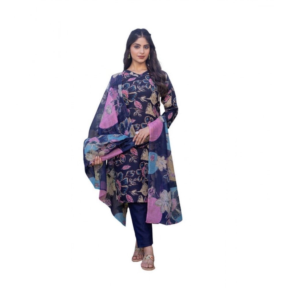 Vaystra Cotton Blend Printed Kurti With Pant Dupatta Set – Navy