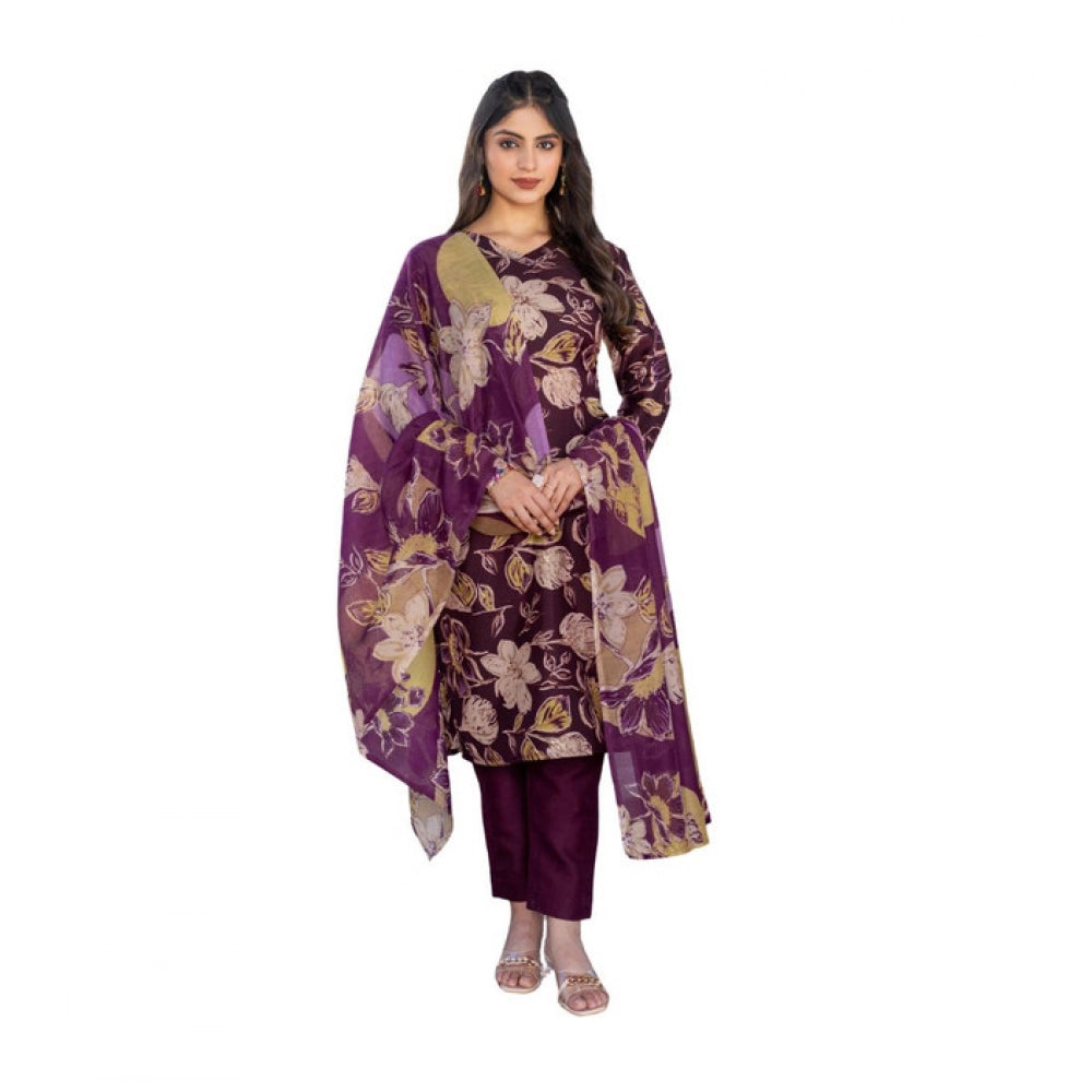 Vaystra Cotton Blend Printed Kurti With Pant Dupatta Set – Purple