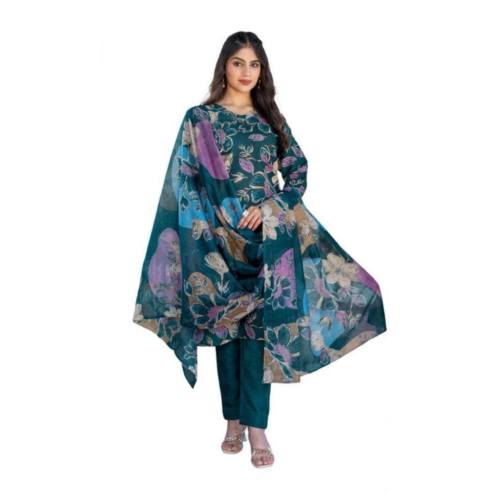 Vaystra Cotton Blend Printed Kurti With Pant Dupatta Set – Rama