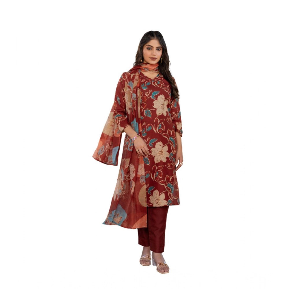 Vaystra Cotton Blend Printed Kurti With Pant Dupatta Set – Rust