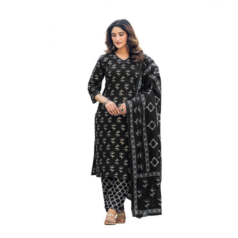 Vaystra Cotton Blend Printed Kurti With Pant Dupatta Set – Black