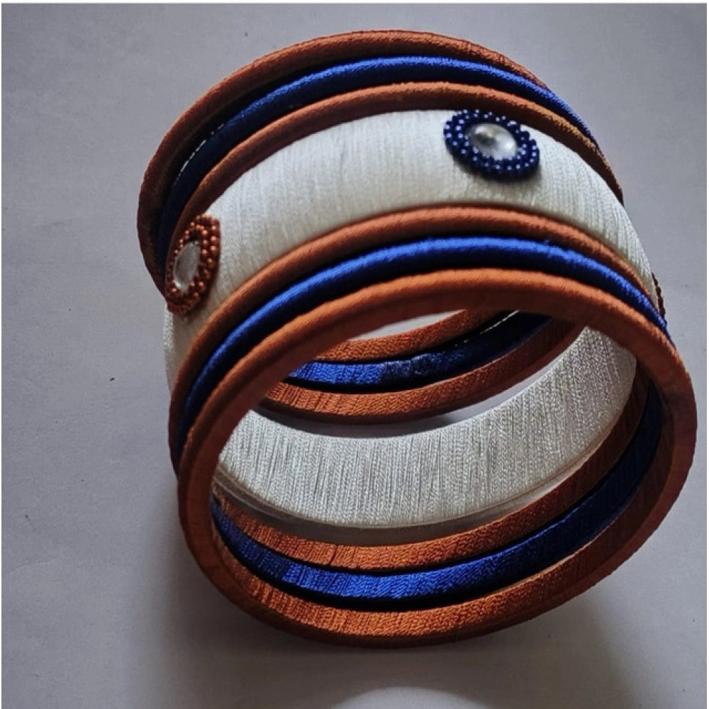 Vaystra Plastic Silk Thread Bangles - White-Brown-Blue