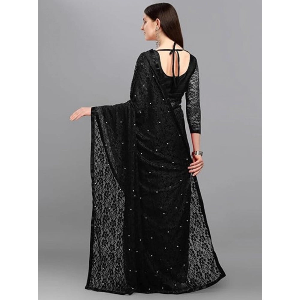 Vaystra Net Self Design Saree With Unstitched Blouse 5.5Mtr – Black