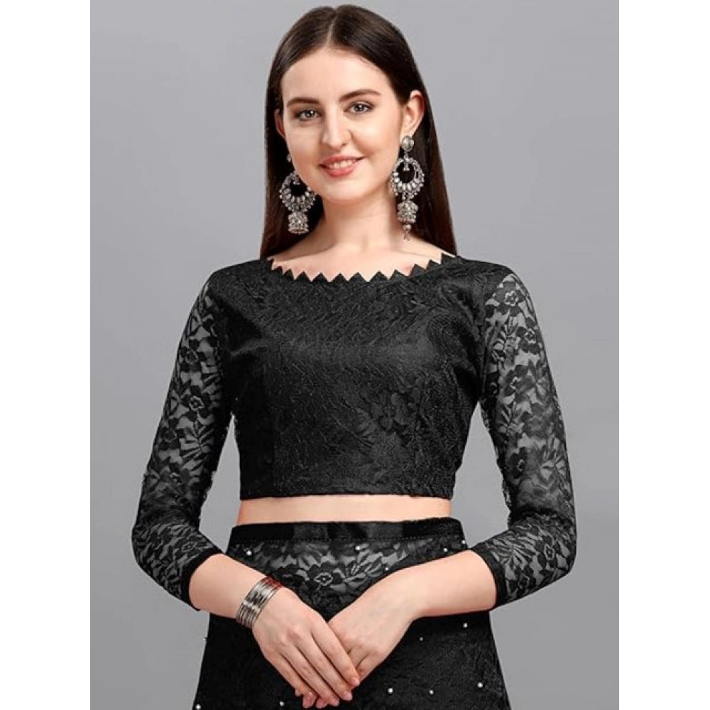 Vaystra Net Self Design Saree With Unstitched Blouse 5.5Mtr – Black
