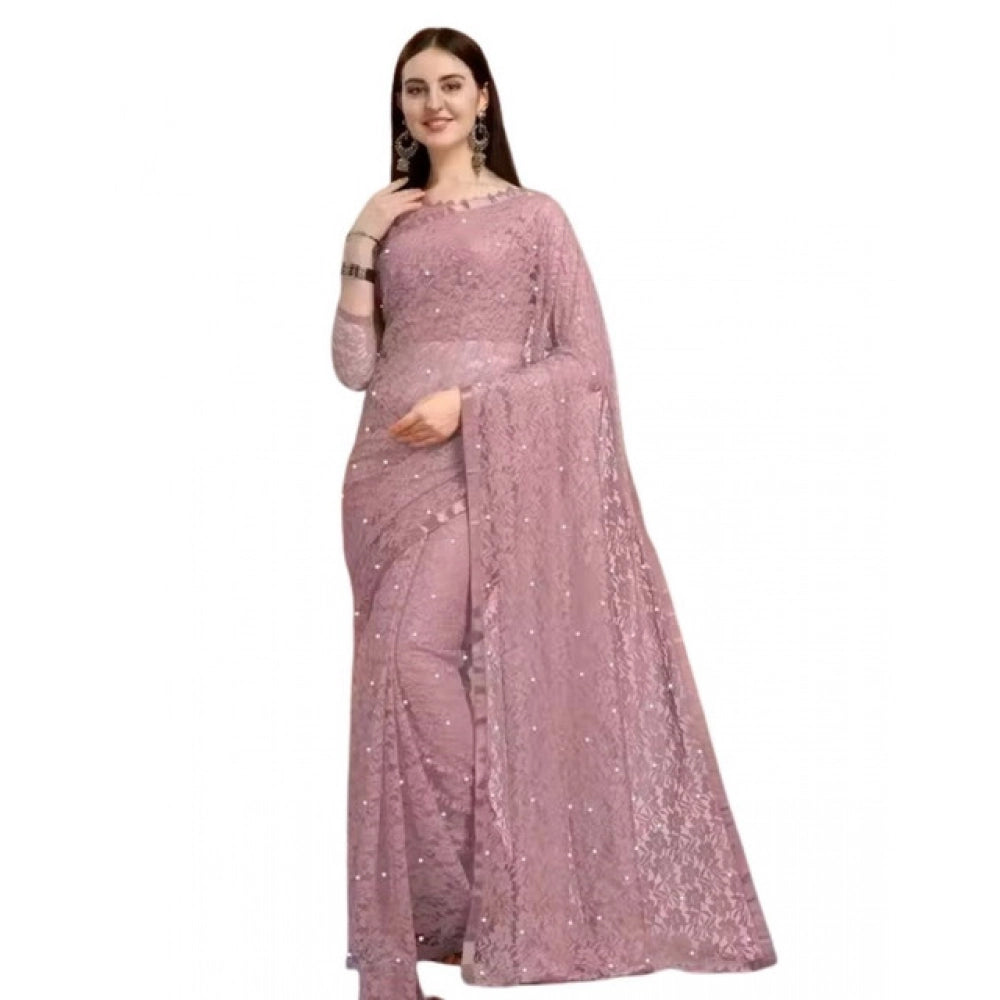 Vaystra Net Self Design Saree With Unstitched Blouse 5.5Mtr – Light Brown
