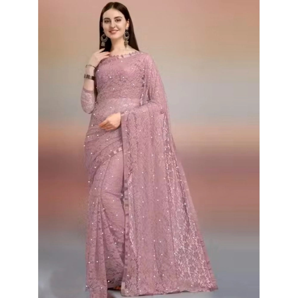 Vaystra Net Self Design Saree With Unstitched Blouse 5.5Mtr – Light Brown