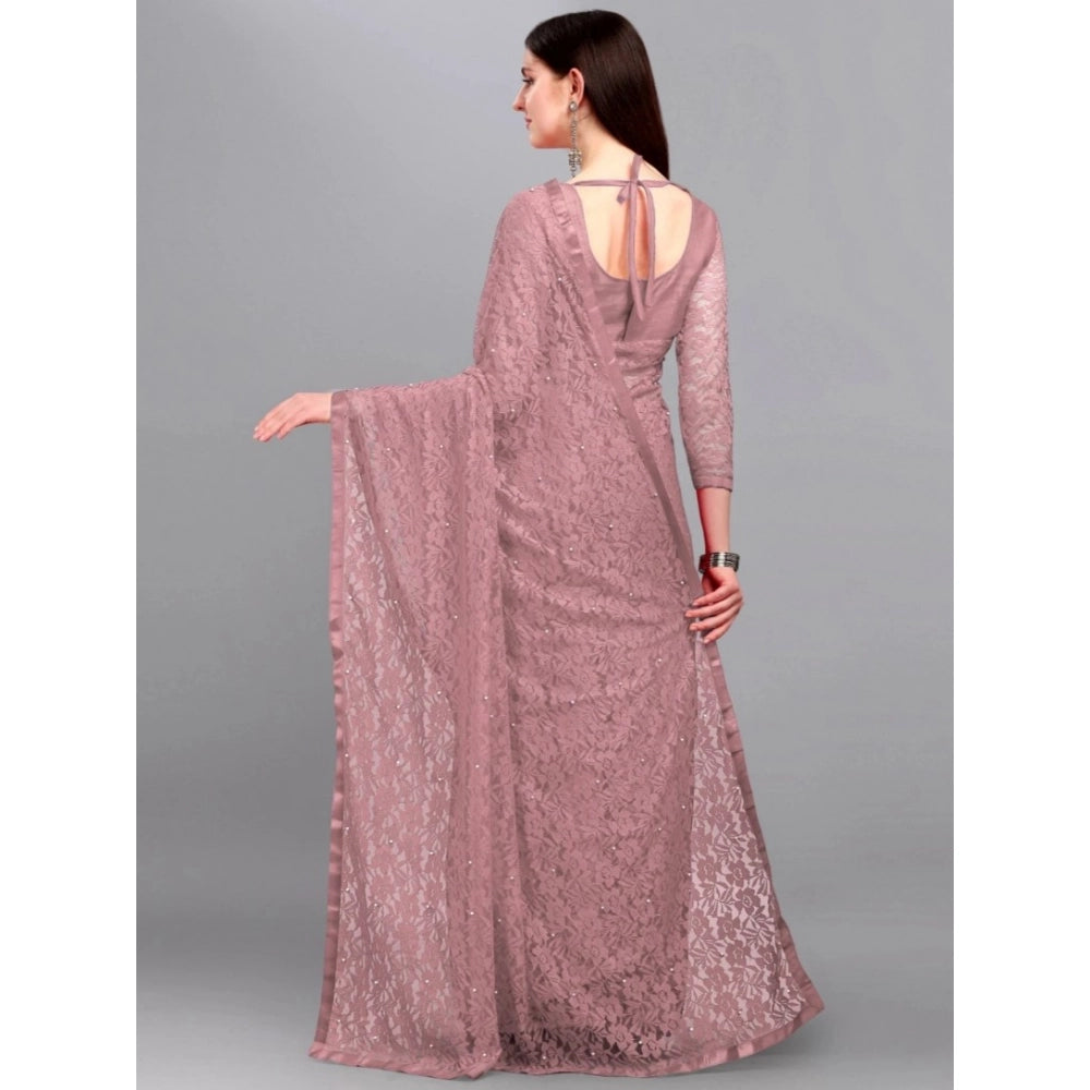 Vaystra Net Self Design Saree With Unstitched Blouse 5.5Mtr – Light Brown