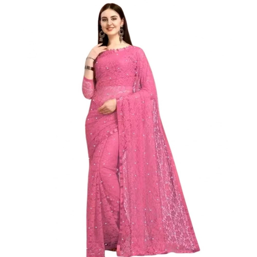 Vaystra Net Self Design Saree With Unstitched Blouse 5.5Mtr – Dark Pink
