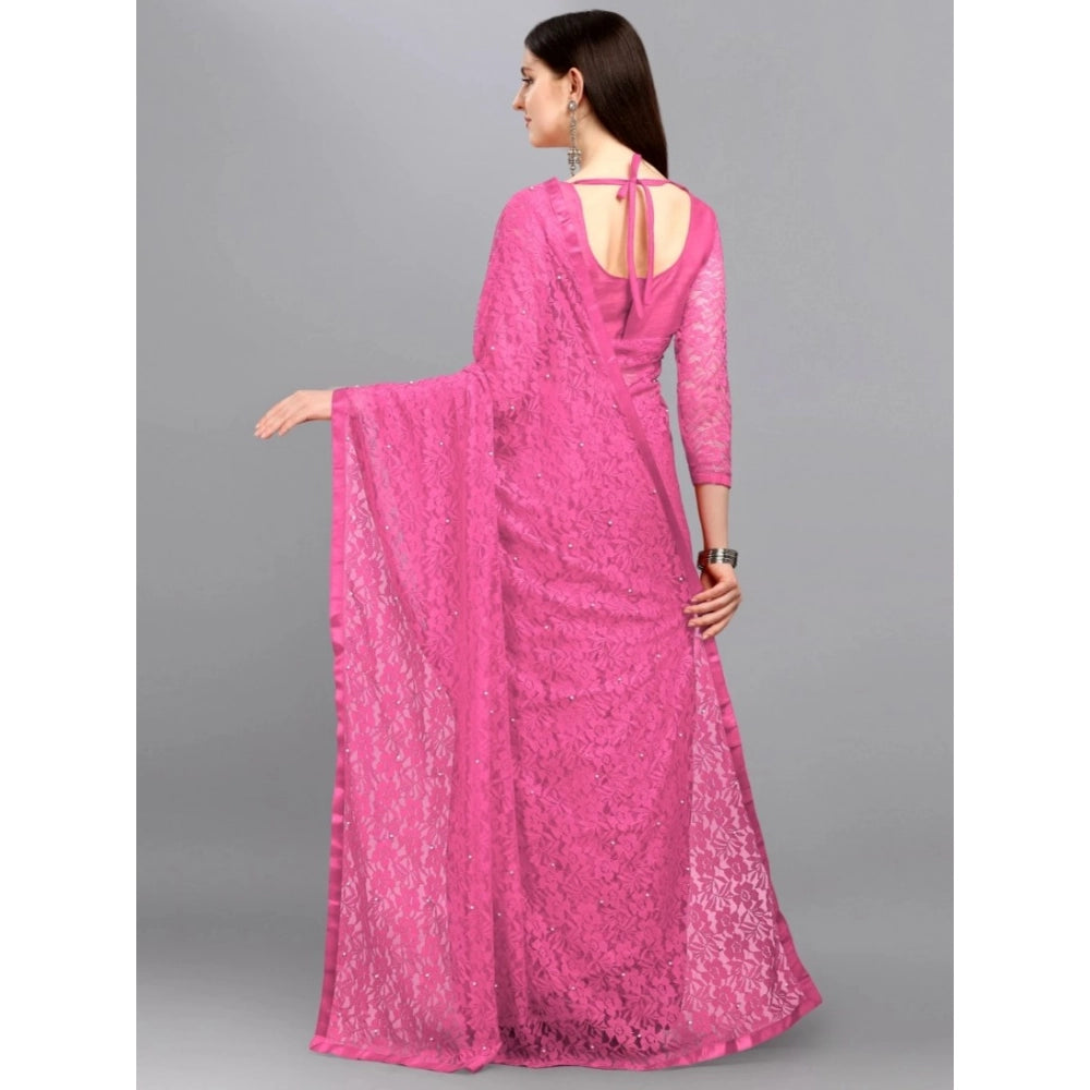 Vaystra Net Self Design Saree With Unstitched Blouse 5.5Mtr – Dark Pink