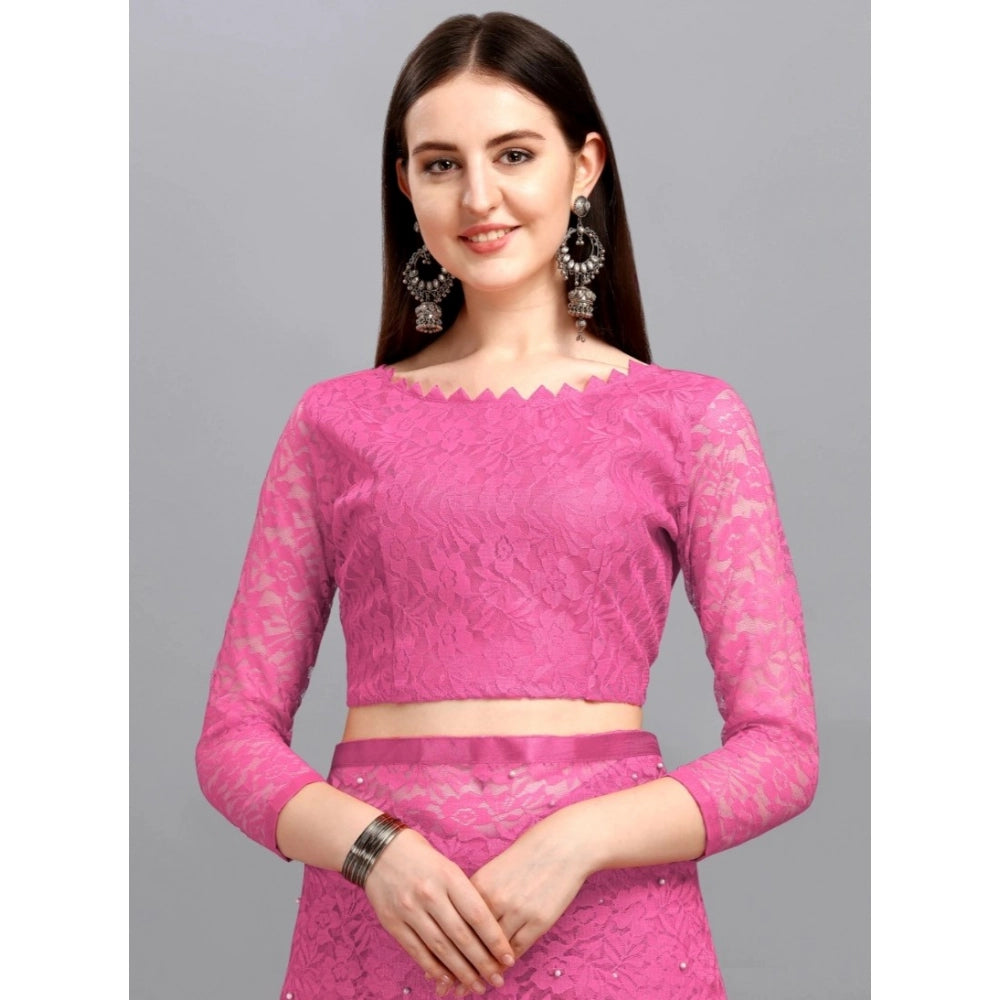 Vaystra Net Self Design Saree With Unstitched Blouse 5.5Mtr – Dark Pink