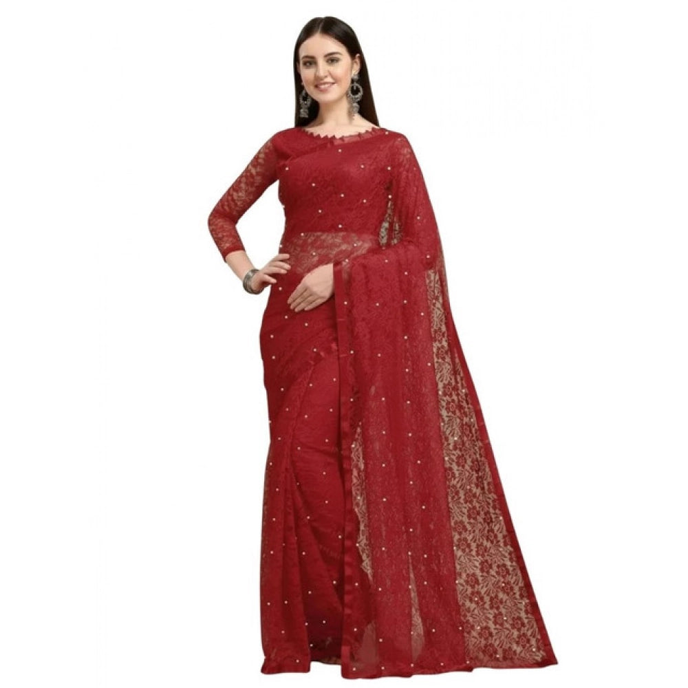 Vaystra Net Self Design Saree With Unstitched Blouse 5.5Mtr – Maroon