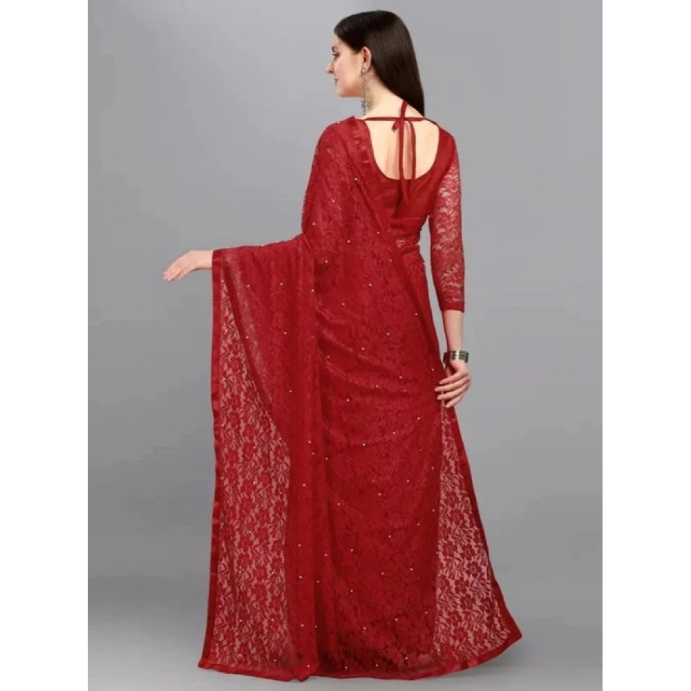Vaystra Net Self Design Saree With Unstitched Blouse 5.5Mtr – Maroon