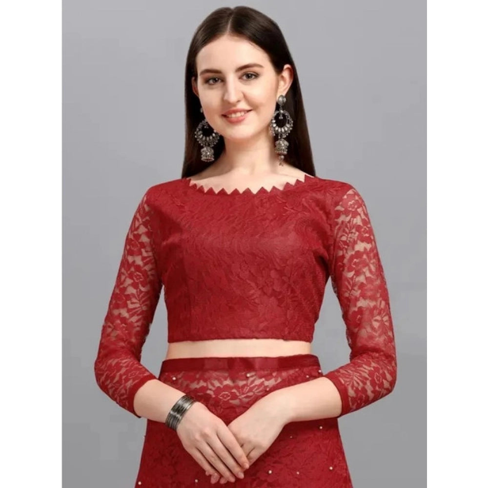 Vaystra Net Self Design Saree With Unstitched Blouse 5.5Mtr – Maroon