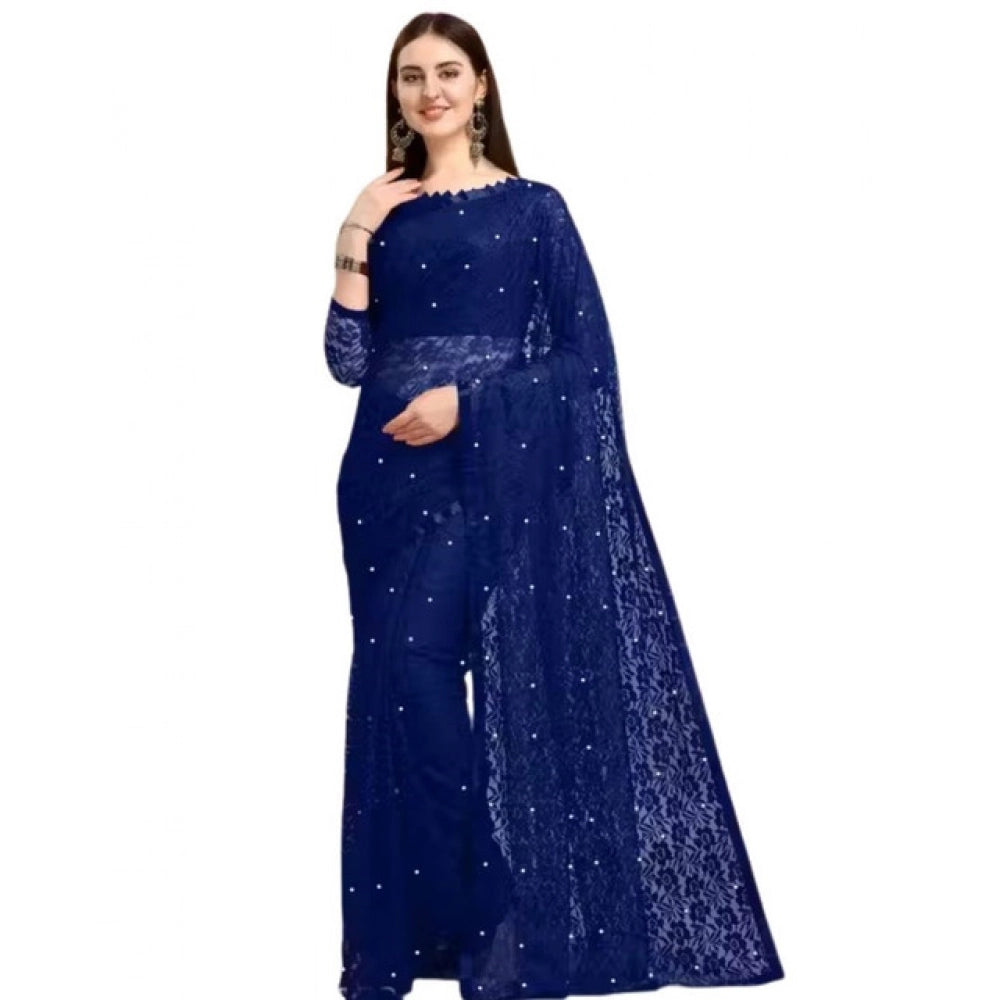 Vaystra Net Self Design Saree With Unstitched Blouse 5.5Mtr – Navy Blue