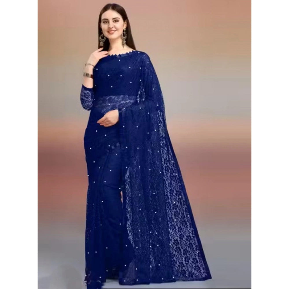Vaystra Net Self Design Saree With Unstitched Blouse 5.5Mtr – Navy Blue