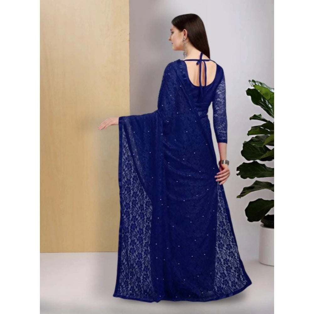 Vaystra Net Self Design Saree With Unstitched Blouse 5.5Mtr – Navy Blue