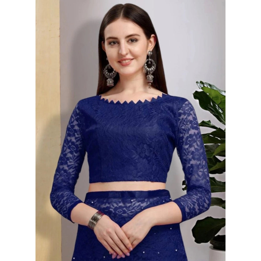 Vaystra Net Self Design Saree With Unstitched Blouse 5.5Mtr – Navy Blue