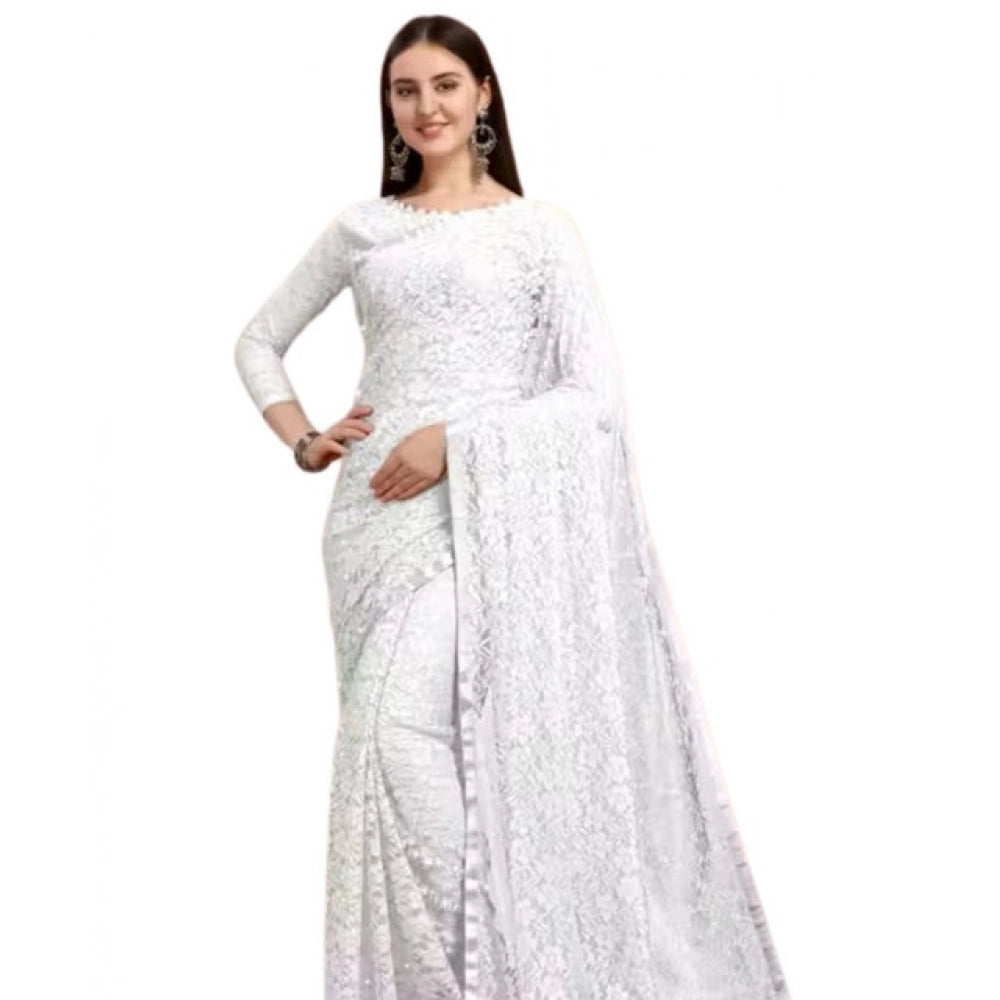Vaystra Net Self Design Saree With Unstitched Blouse 5.5Mtr – White