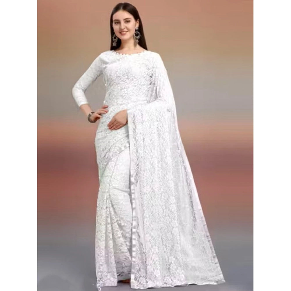 Vaystra Net Self Design Saree With Unstitched Blouse 5.5Mtr – White