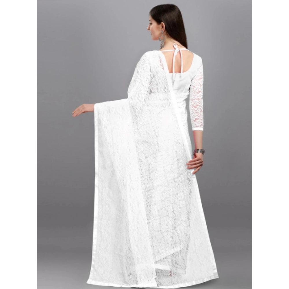 Vaystra Net Self Design Saree With Unstitched Blouse 5.5Mtr – White