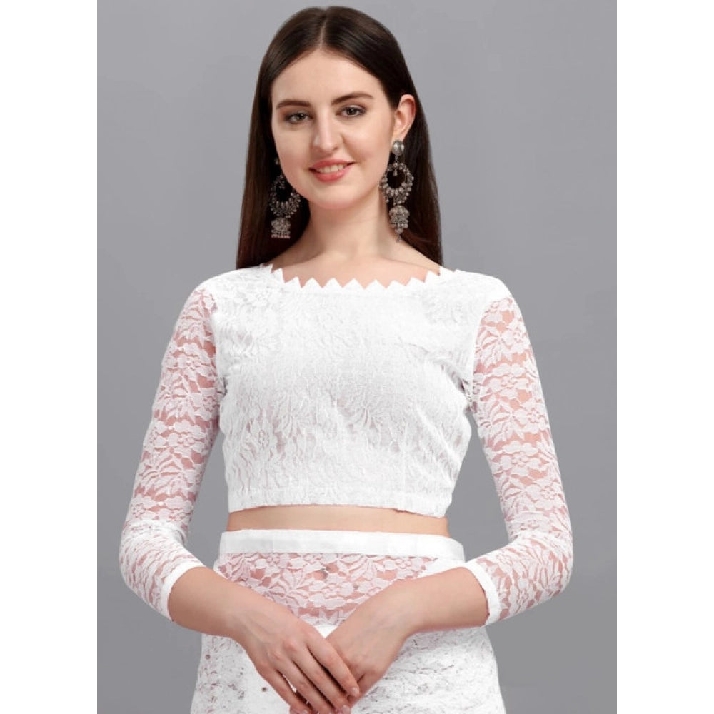 Vaystra Net Self Design Saree With Unstitched Blouse 5.5Mtr – White