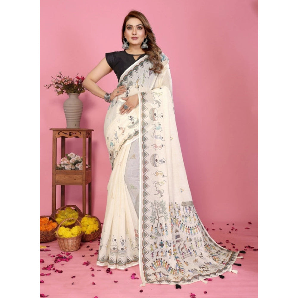 Vaystra Linen Cotton Printed Saree With Unstitched Blouse 5.5Mtr – Off White