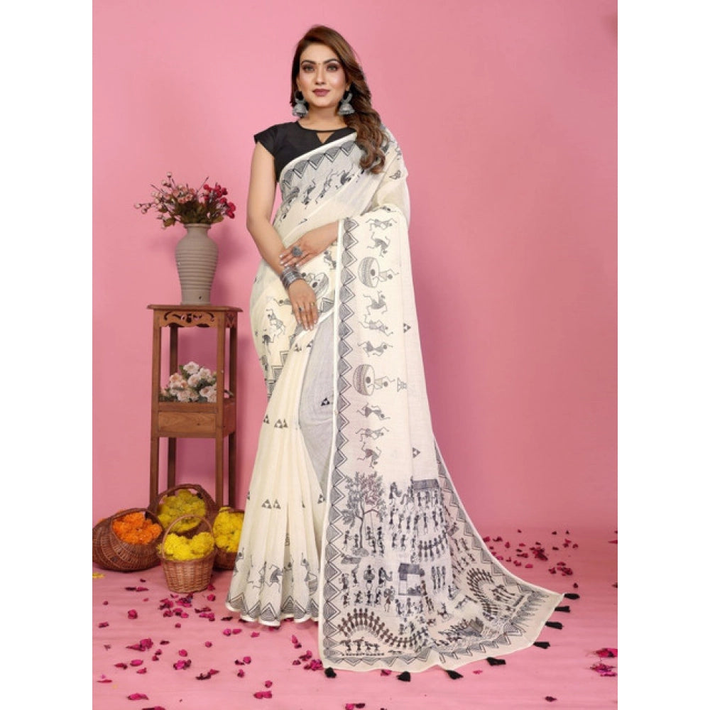 Vaystra Linen Cotton Printed Saree With Unstitched Blouse 5.5Mtr – Off White