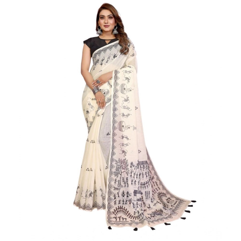 Vaystra Linen Cotton Printed Saree With Unstitched Blouse 5.5Mtr – Off White
