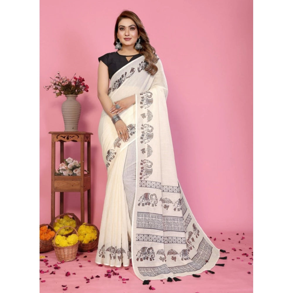 Vaystra Linen Cotton Printed Saree With Unstitched Blouse 5.5Mtr – Off White