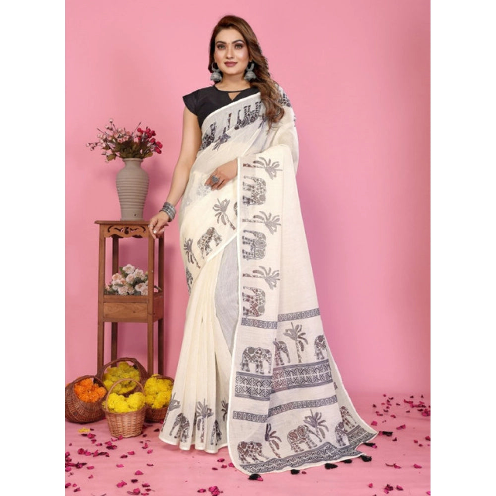 Vaystra Linen Cotton Printed Saree With Unstitched Blouse 5.5Mtr – Off White