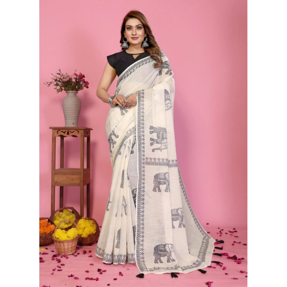 Vaystra Linen Cotton Printed Saree With Unstitched Blouse 5.5Mtr – Off White