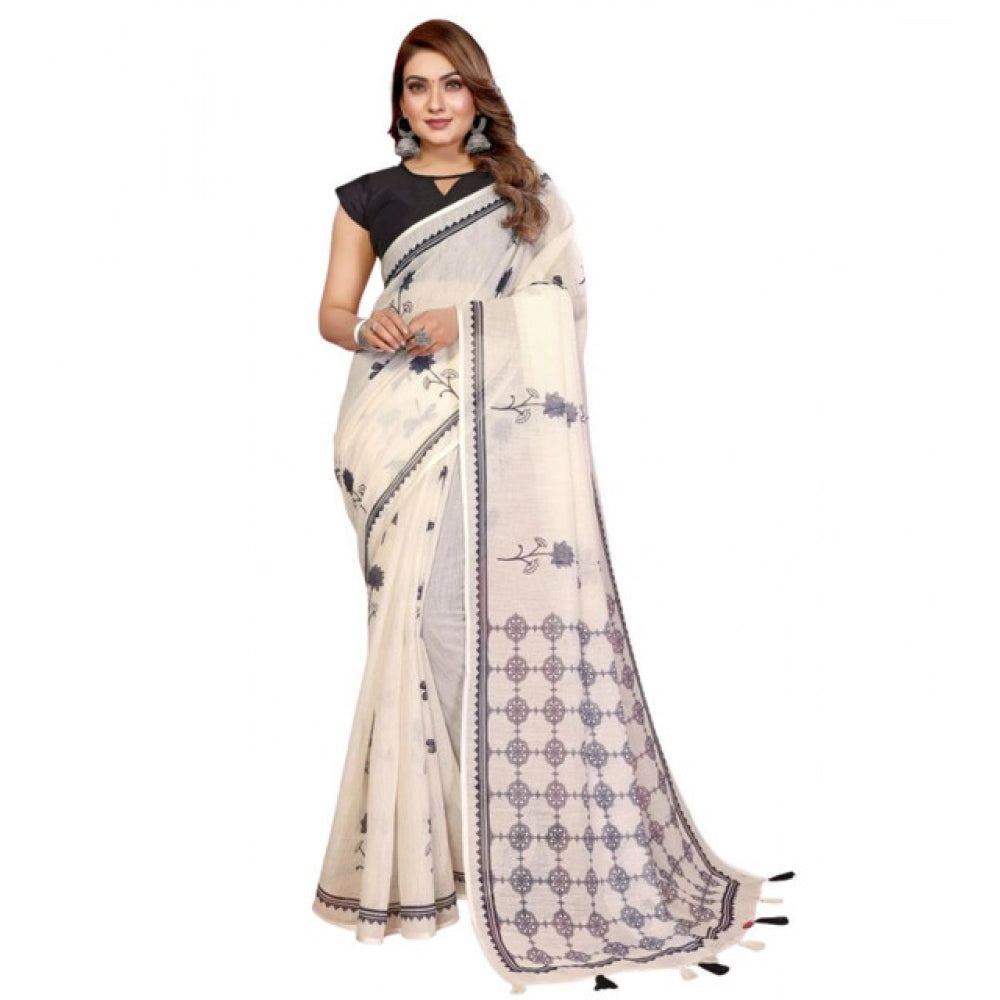 Vaystra Linen Cotton Printed Saree With Unstitched Blouse 5.5Mtr – Off White