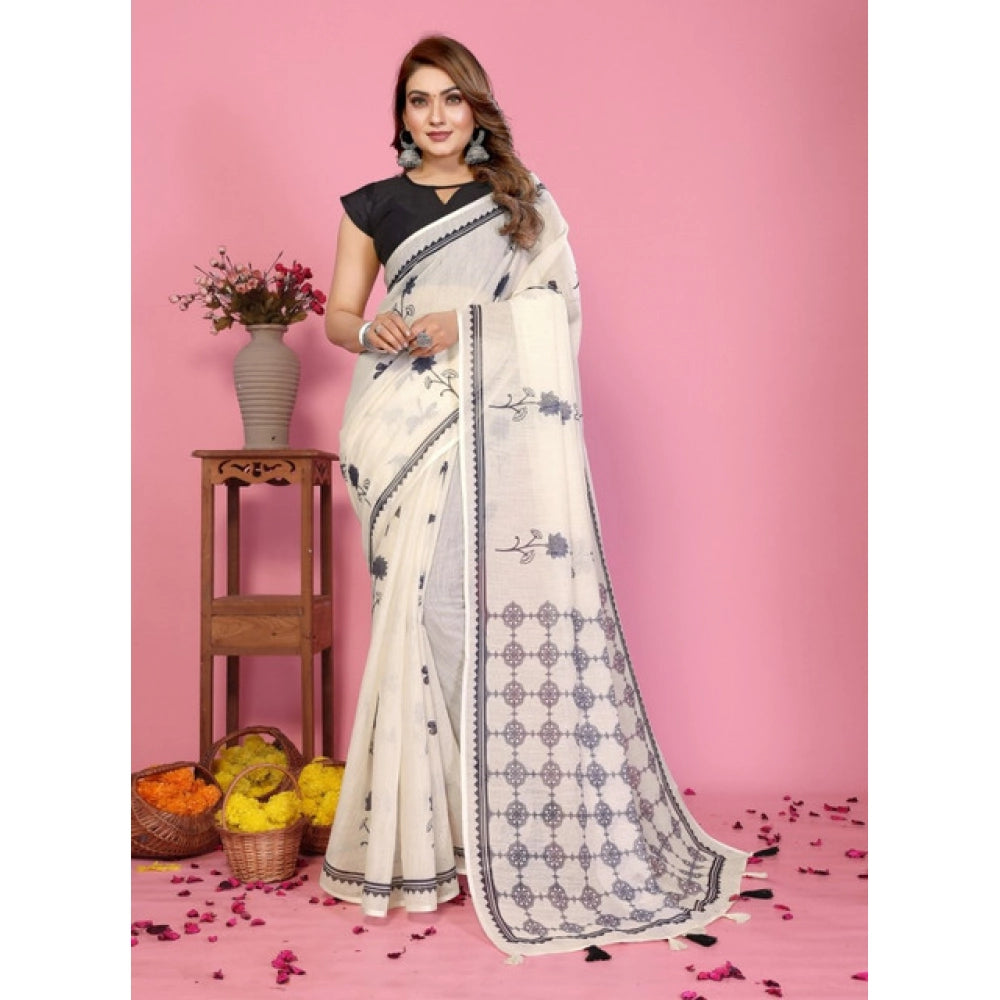 Vaystra Linen Cotton Printed Saree With Unstitched Blouse 5.5Mtr – Off White
