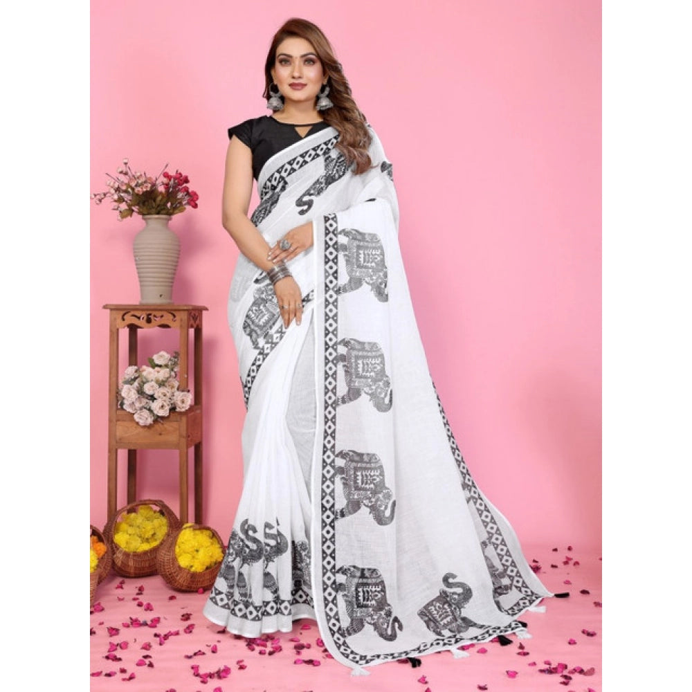 Vaystra Linen Cotton Printed Saree With Unstitched Blouse 5.5Mtr – White