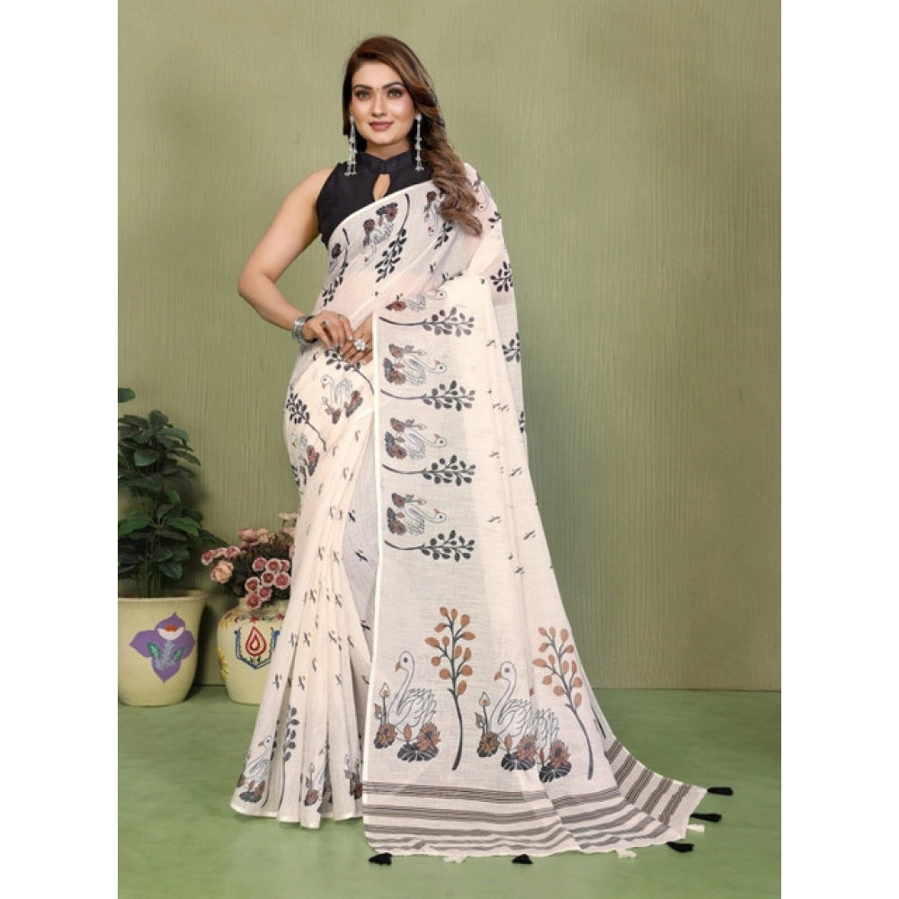 Vaystra Linen Cotton Printed Saree With Unstitched Blouse 5.5Mtr – Off White