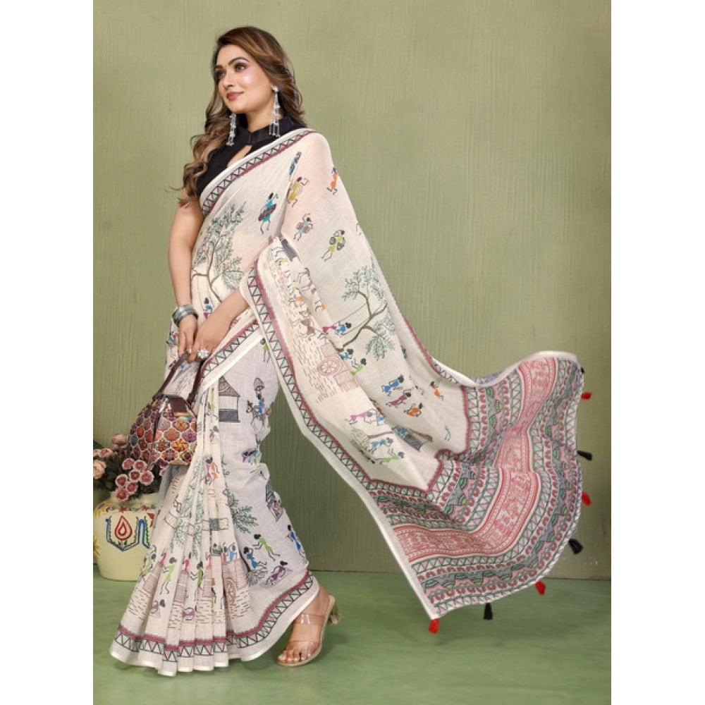 Vaystra Linen Cotton Printed Saree With Unstitched Blouse 5.5Mtr – Off White