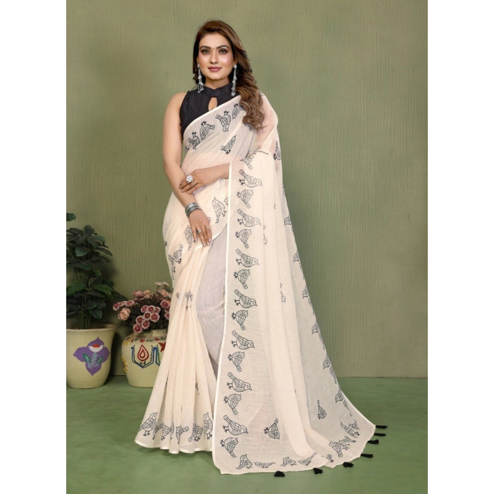 Vaystra Linen Cotton Printed Saree With Unstitched Blouse 5.5Mtr – Off White