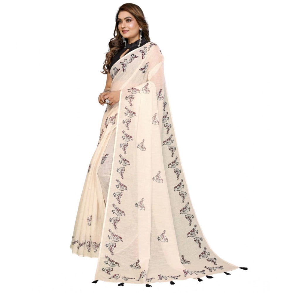 Vaystra Linen Cotton Printed Saree With Unstitched Blouse 5.5Mtr – Off White