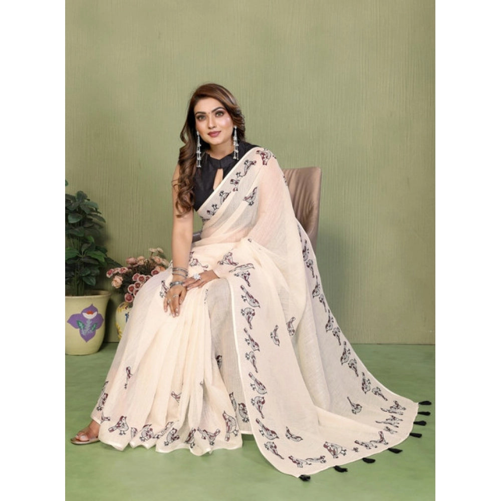 Vaystra Linen Cotton Printed Saree With Unstitched Blouse 5.5Mtr – Off White
