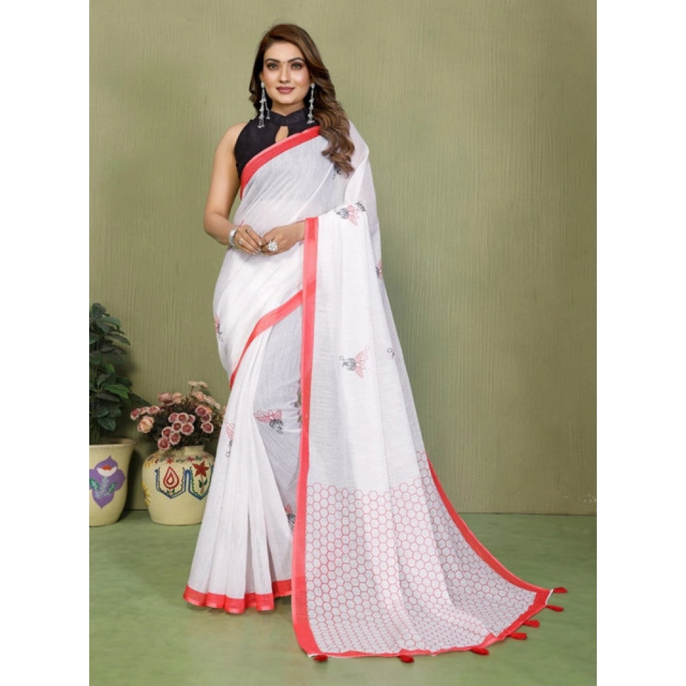 Vaystra Linen Cotton Printed Saree With Unstitched Blouse 5.5Mtr – White
