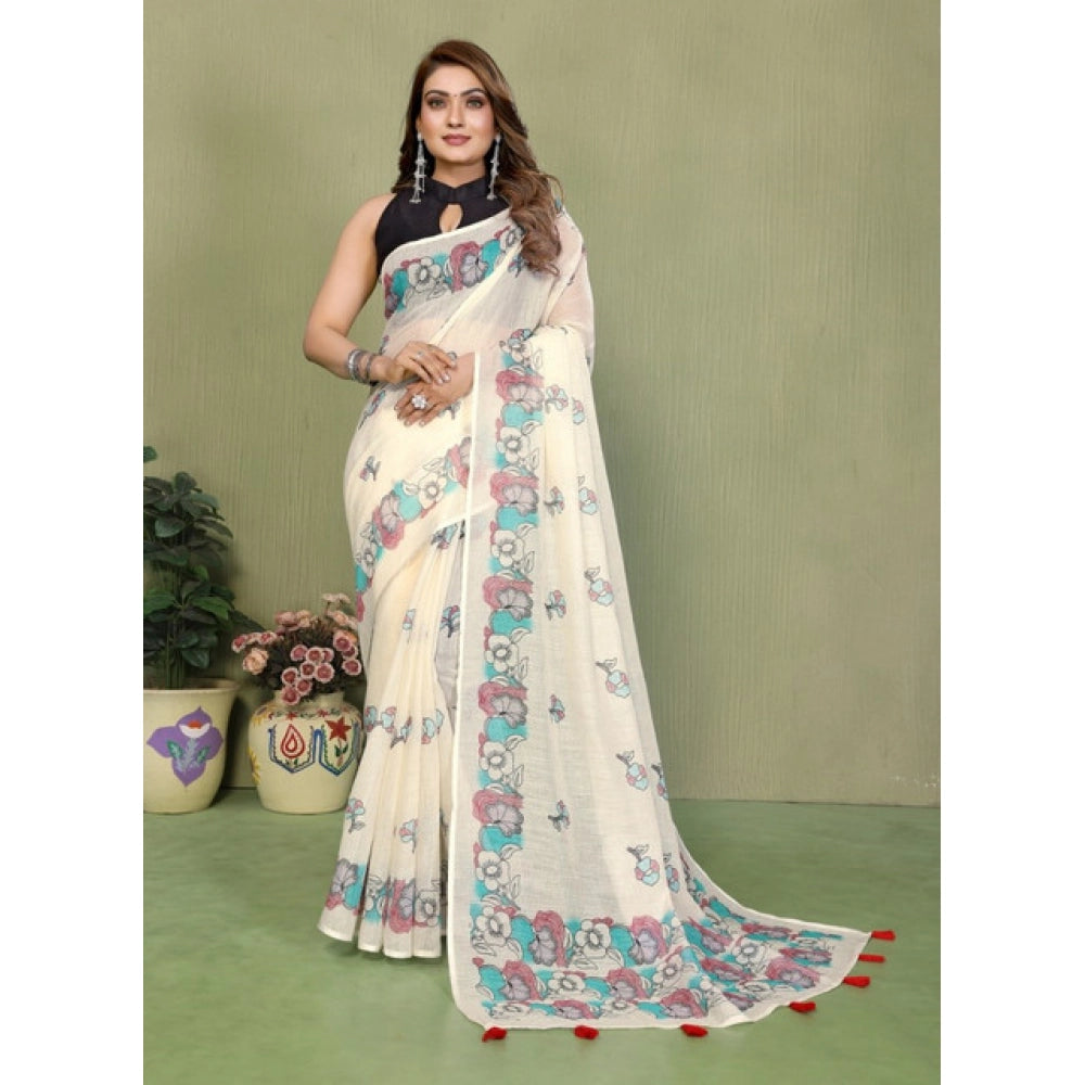 Vaystra Linen Cotton Printed Saree With Unstitched Blouse 5.5Mtr – Off White