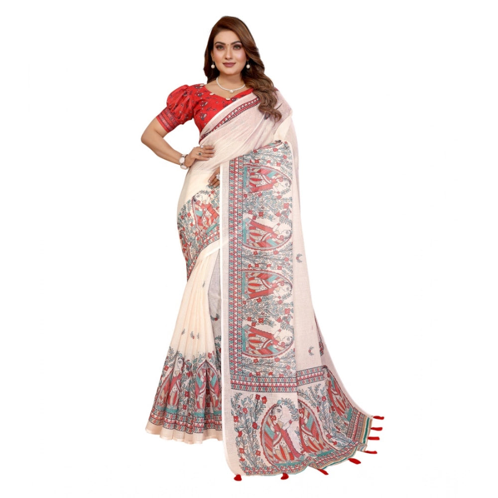 Vaystra Linen Cotton Printed Saree With Unstitched Blouse 5.5Mtr – Off White