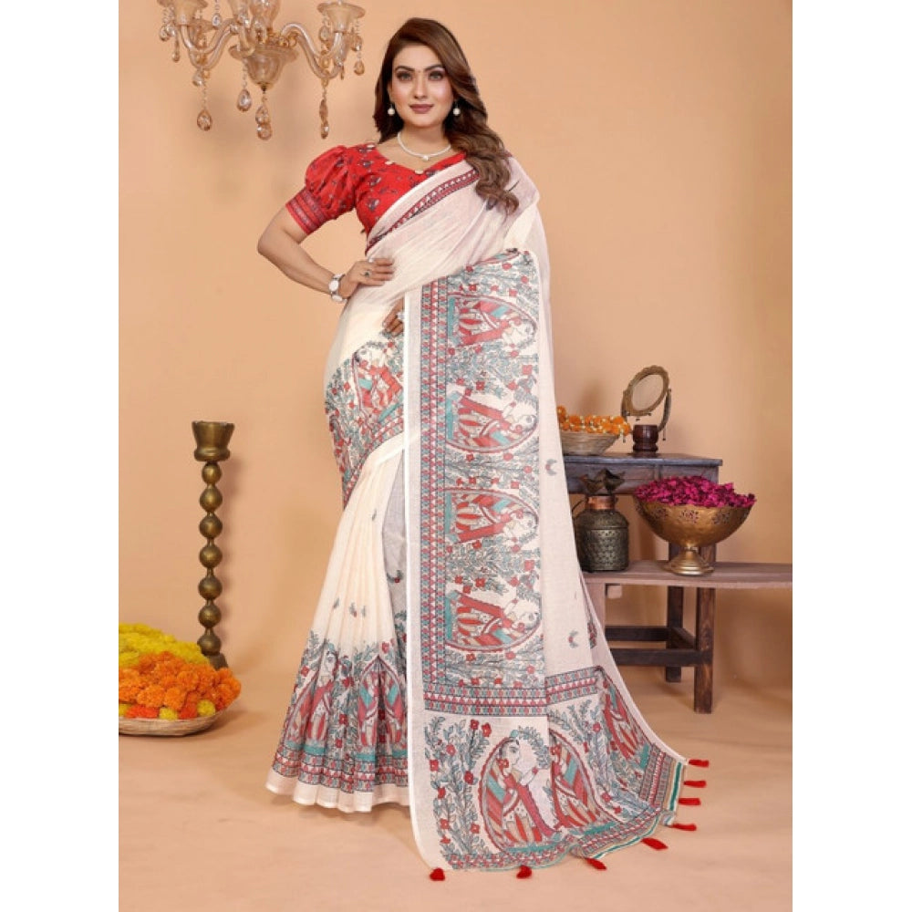 Vaystra Linen Cotton Printed Saree With Unstitched Blouse 5.5Mtr – Off White