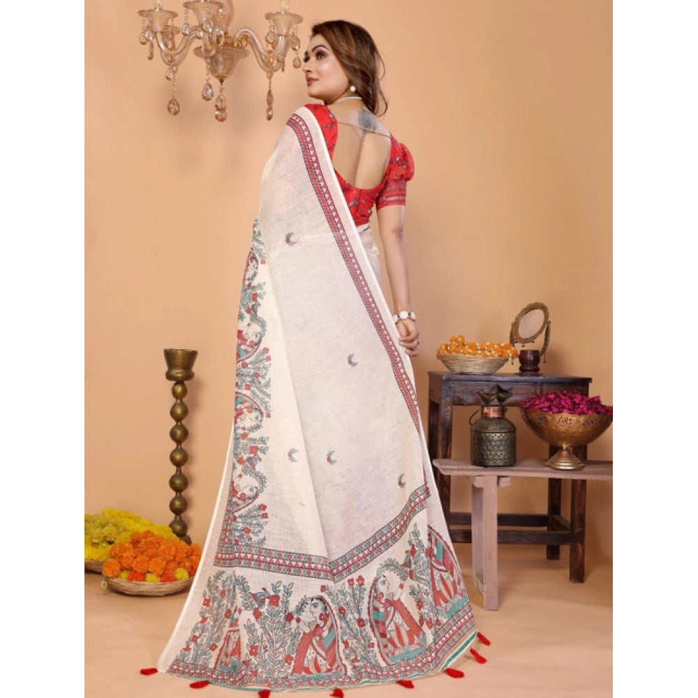 Vaystra Linen Cotton Printed Saree With Unstitched Blouse 5.5Mtr – Off White