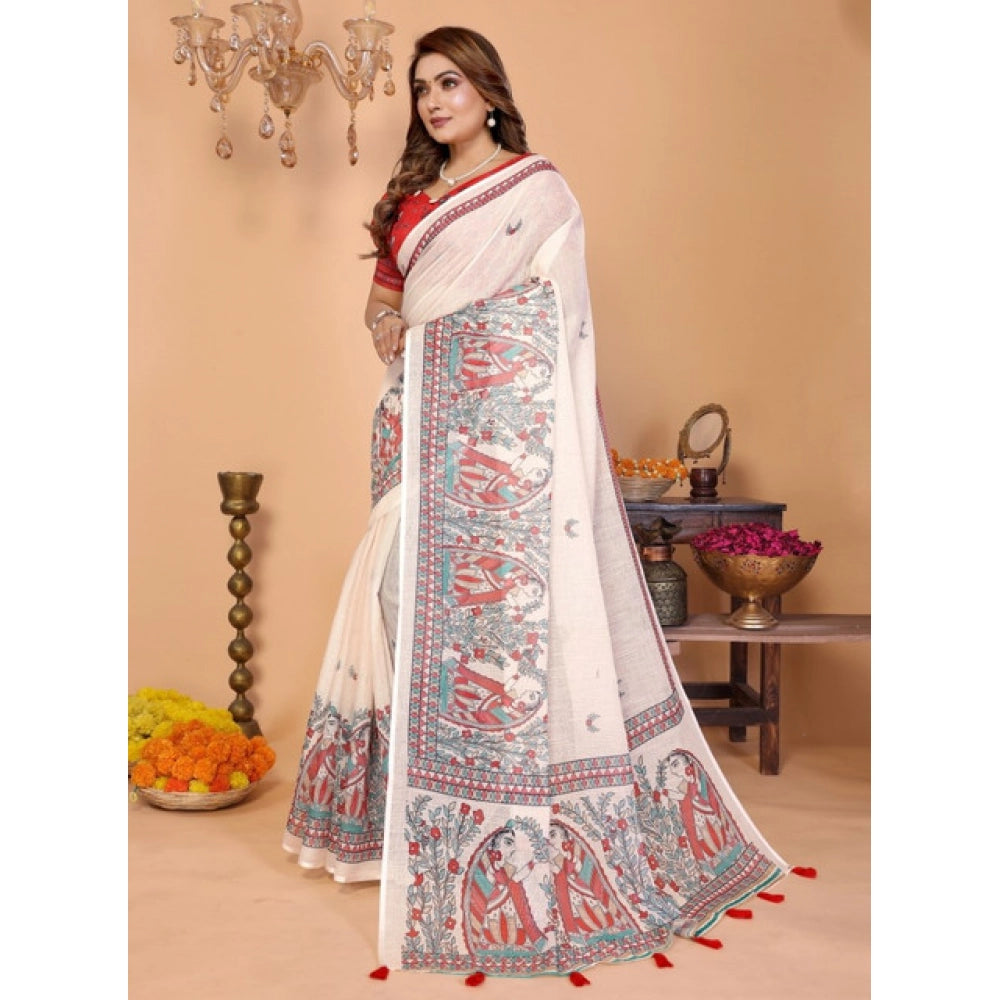 Vaystra Linen Cotton Printed Saree With Unstitched Blouse 5.5Mtr – Off White