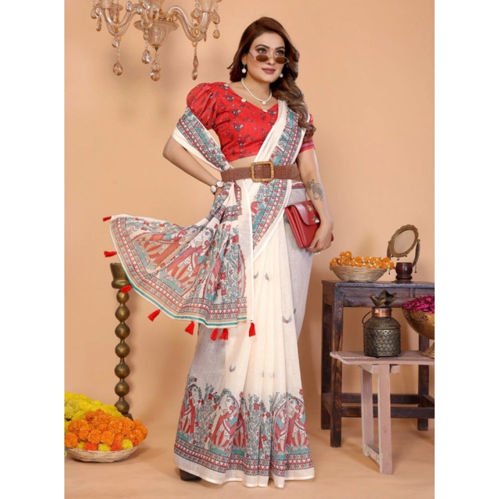 Vaystra Linen Cotton Printed Saree With Unstitched Blouse 5.5Mtr – Off White
