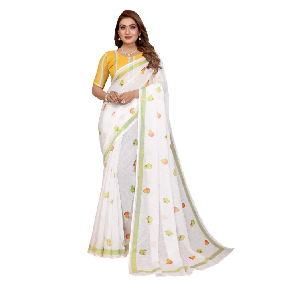 Vaystra Linen Cotton Printed Saree With Unstitched Blouse 5.5Mtr – White